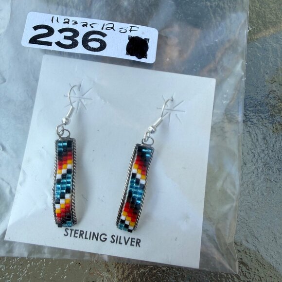 Navajo Lucille Romone Handmade Beaded Dangle Sterling Silver Earrings Multicolor - Picture 7 of 7